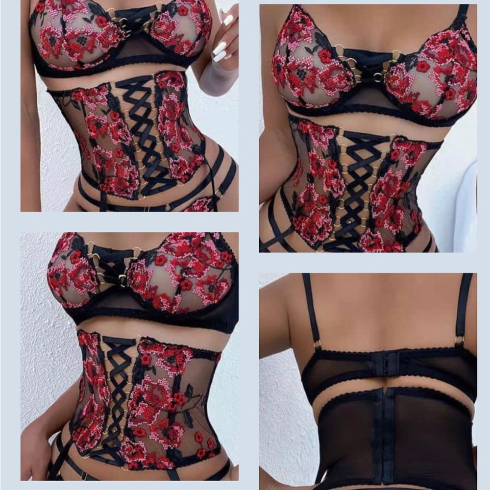 Floral embroidery Lingerie Set sheer Mesh bra & cut out thong & strappy Girdle